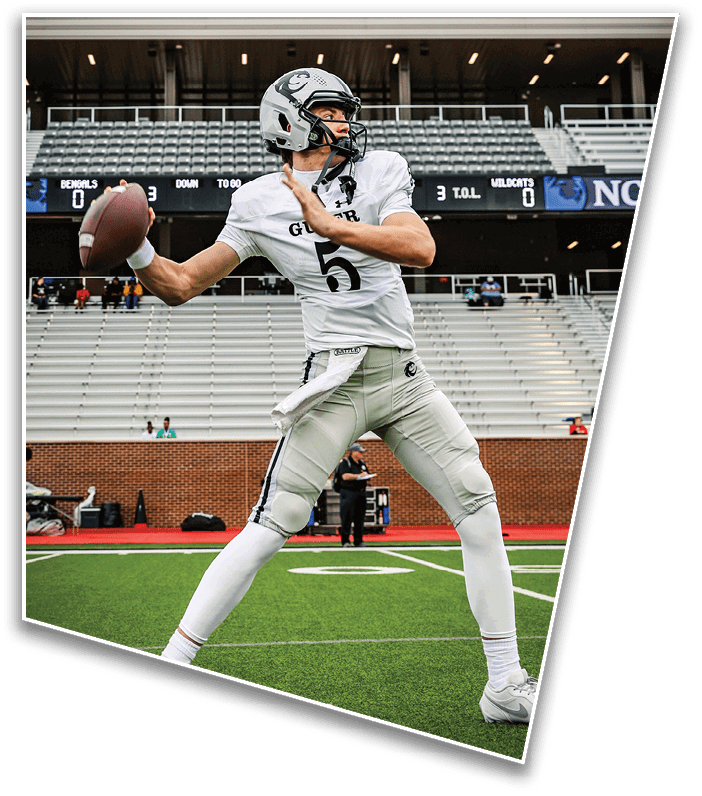 A person wearing a football uniform and helmet is preparing to throw a football on a green field with empty stadium seats in the background. Description generated by AI
