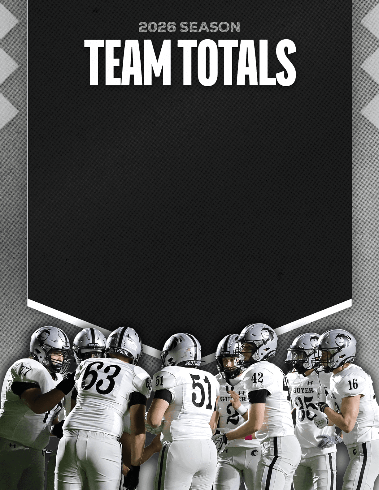 A group of people wearing white football uniforms and helmets are huddled together under a black banner that reads “2026 Season Team Totals." Description generated by AI