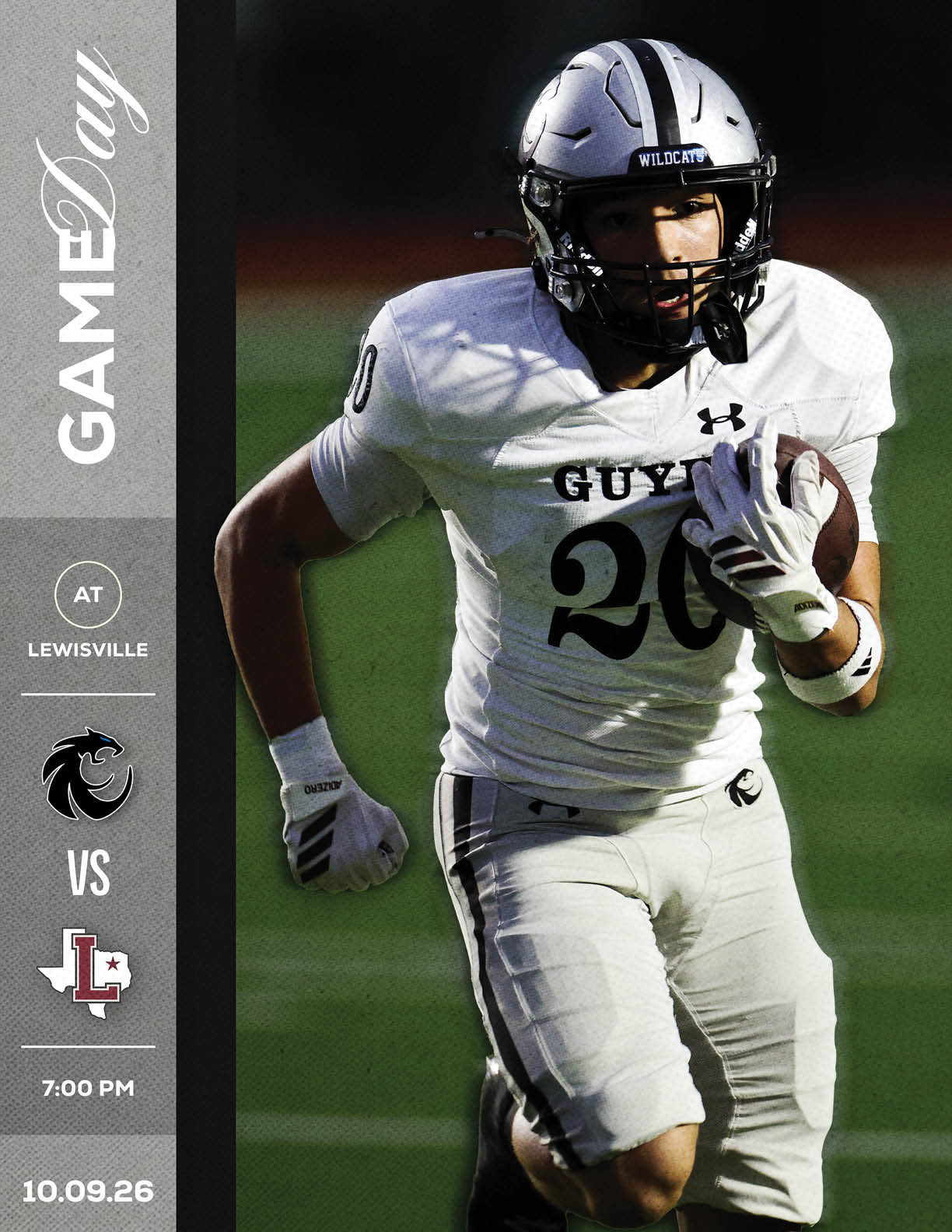 A person in a white football uniform with the number 20 is running with a football on a field, with a graphic on the left side indicating a game day between Lewisville and another team at 7:00 PM on October 9, 2026. Description generated by AI