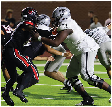 Two people in football uniforms are engaged in a blocking stance on a green field during a game. Description generated by AI