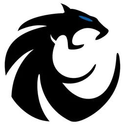A stylized black dragon head with a blue eye facing right on a white background. Description generated by AI