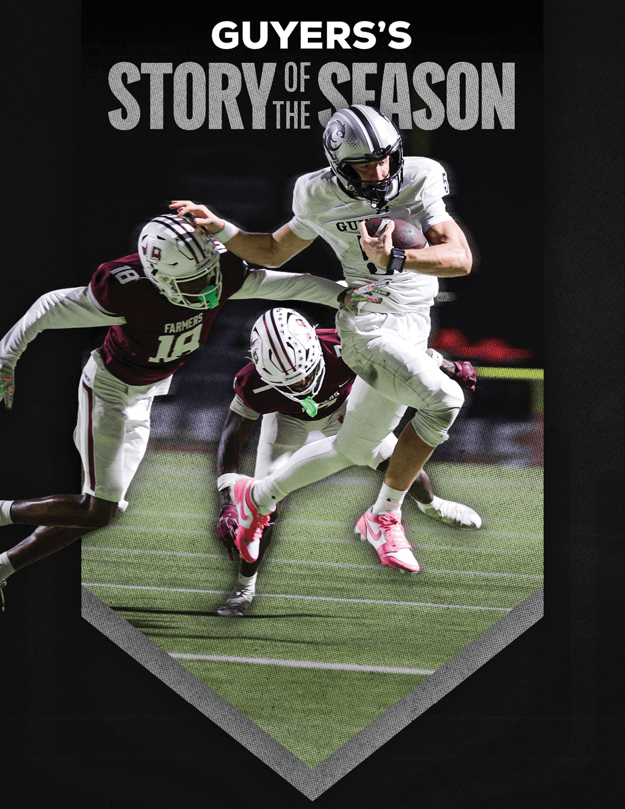 A person in white sports gear is running with a football while two people in maroon uniforms attempt to tackle them on a football field with the text “Guyers's Story of the Season" above. Description generated by AI