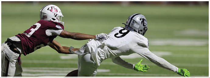 Two people in football uniforms are engaged in a play with one person diving forward while the other reaches out to grab their jersey on a grassy field. Description generated by AI
