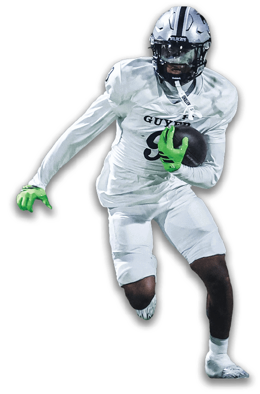 A person wearing a silver football helmet and white jersey is captured in action during a game. Description generated by AI