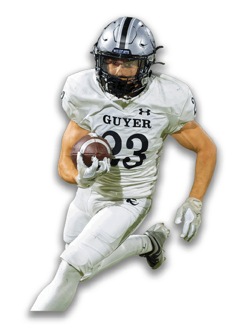 A person wearing a white football uniform with the number 23 and a silver helmet is running while holding a football. Description generated by AI