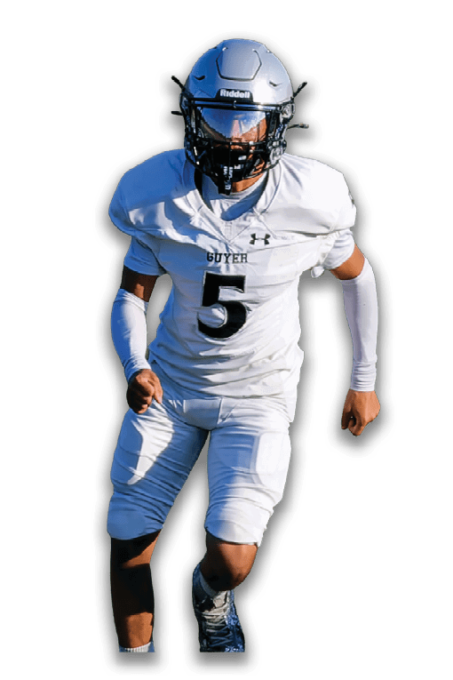 Person wearing a white football helmet with a reflective visor and a black faceguard. Description generated by AI