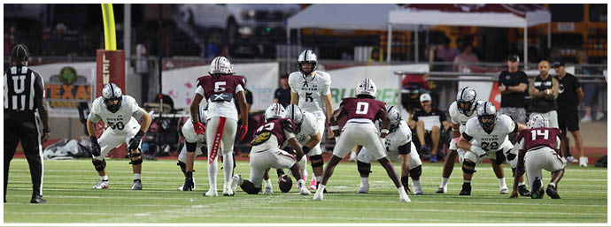 A group of football players in uniforms are lined up on a field near a goalpost, preparing for a play during a game. Description generated by AI