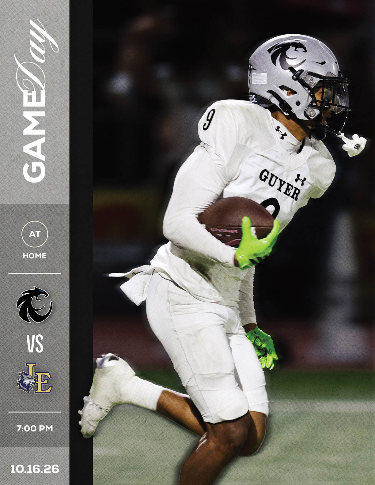 A person in a white football uniform with neon green gloves is running on a field while holding a football during a nighttime game between teams Guyer and another team. Description generated by AI