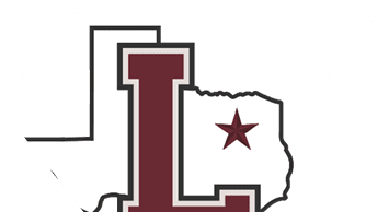 A large maroon letter L outlined in white and black is superimposed on a black outline of the state of Texas with a maroon star inside the state outline. Description generated by AI
