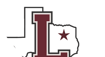 A large maroon letter L outlined in white and black is superimposed on a black outline of the state of Texas with a maroon star inside the state outline. Description generated by AI