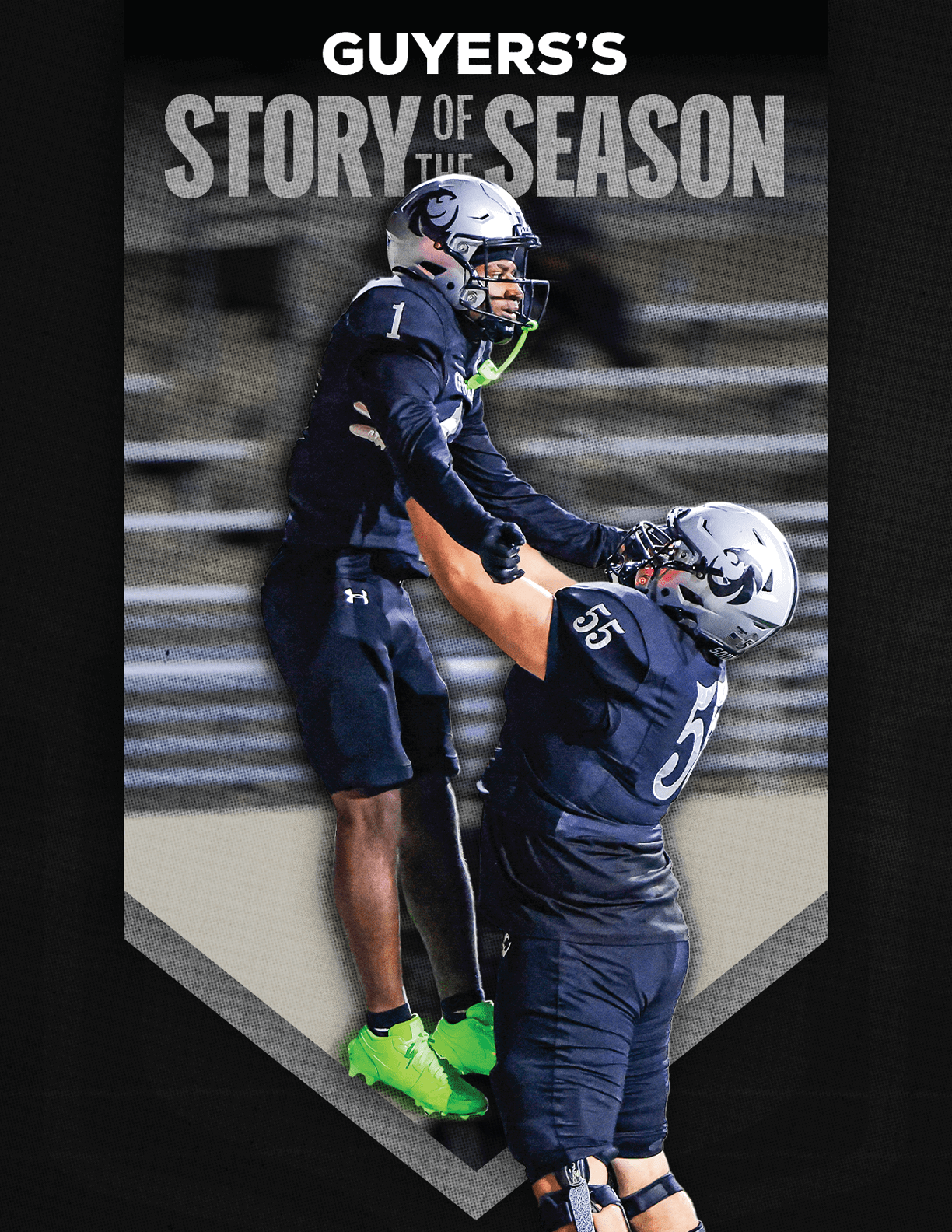 Two people in football uniforms celebrate on a field with one person lifting the other while text above reads “Guyers's Story of the Season." Description generated by AI