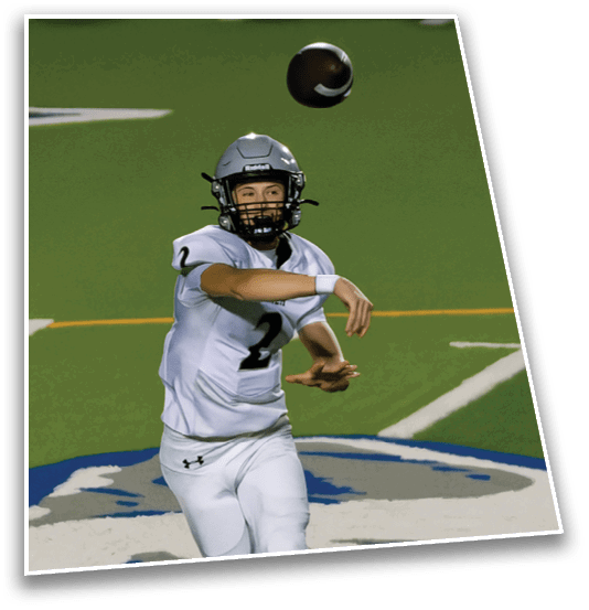A person wearing a football helmet and jersey is throwing a football on a green field. Description generated by AI