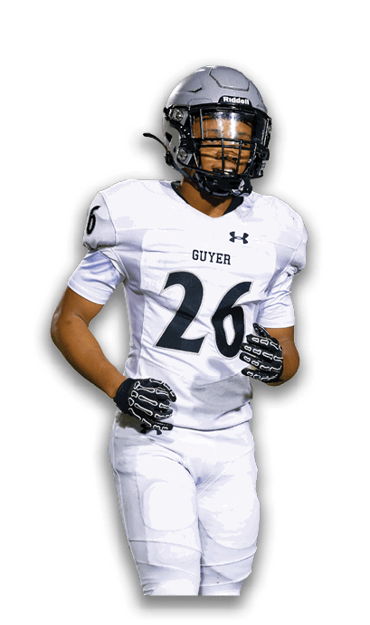 A person wearing a silver football helmet and a white jersey with the word “GUYER" and the number 26 is shown. Description generated by AI