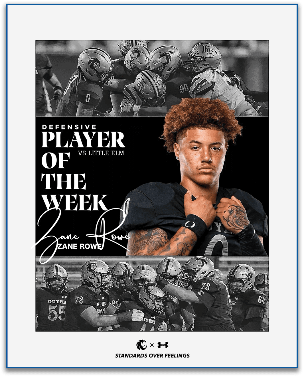 A sports graphic highlights a person with curly hair in a black football uniform as the defensive player of the week against Little Elm, surrounded by black and white action shots of football players in helmets and gear. Description generated by AI