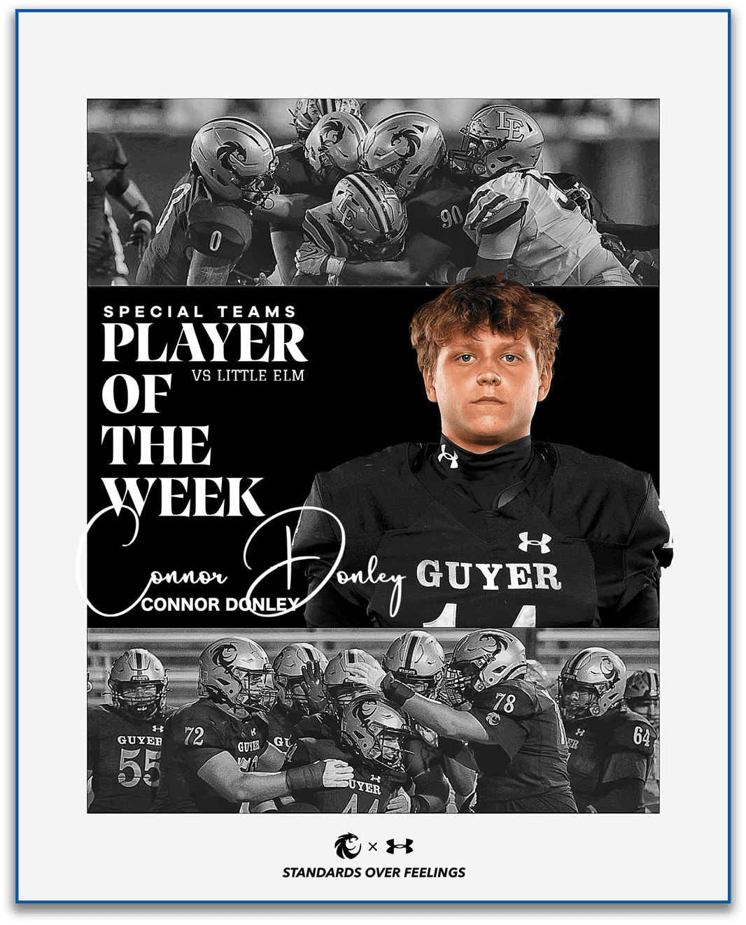 A sports graphic highlights a person in a football uniform named Connor Donley as the special teams player of the week for a game against Little Elm, with action shots of a football team celebrating in the background. Description generated by AI