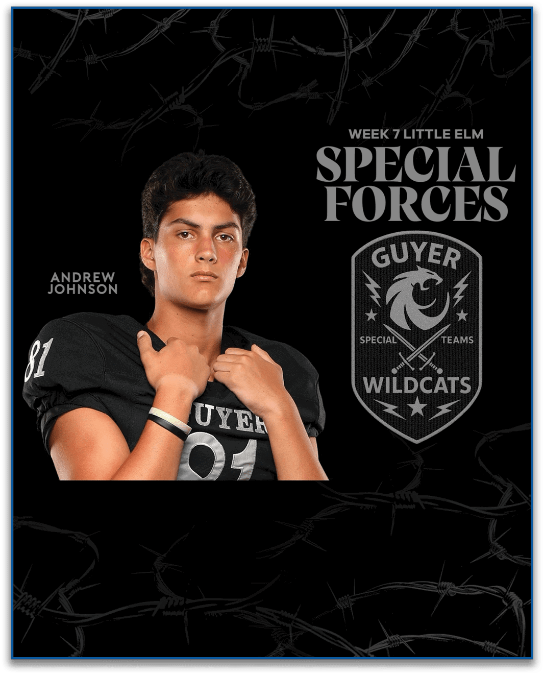 A person wearing a black football jersey with the number 81 and the name Guyer Wildcats stands confidently against a black background with barbed wire and text reading Week 7 Little Elm Special Forces. Description generated by AI