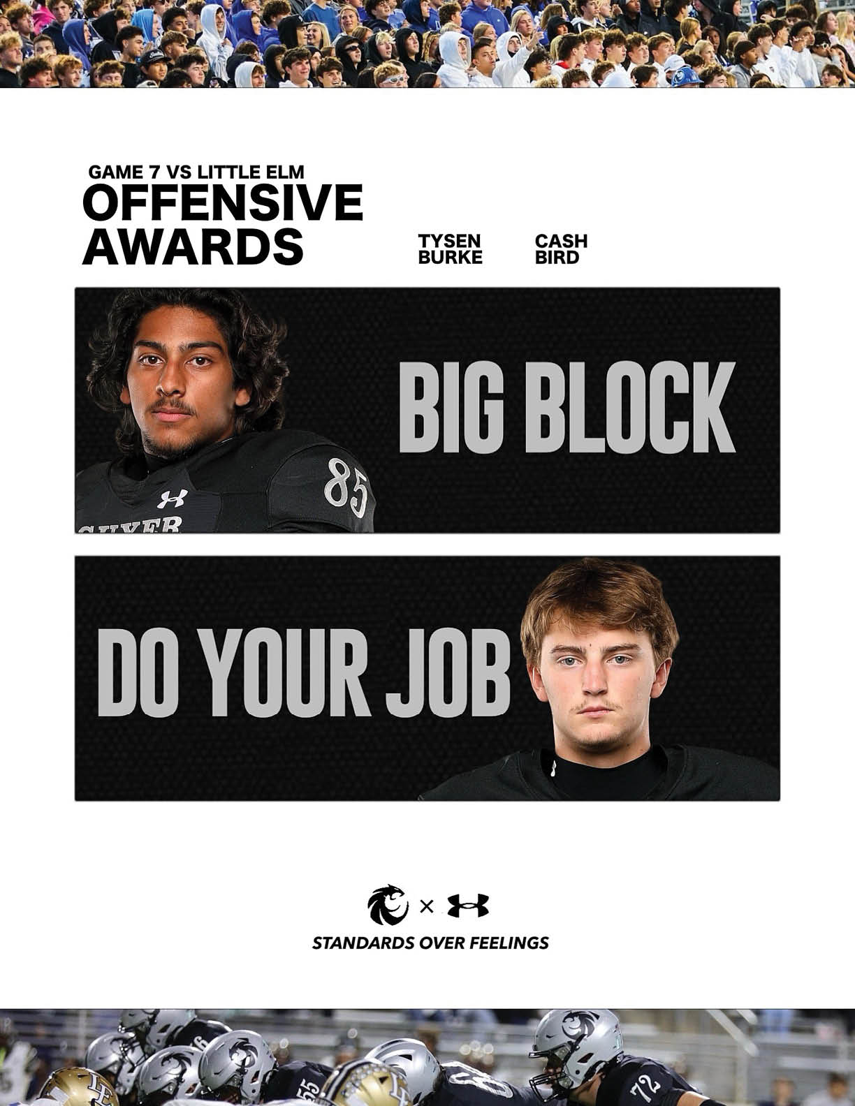 Two people in sports uniforms are featured with text highlighting offensive awards titled “Big Block" and "Do Your Job" for a game between teams named Silver and Little Elm. Description generated by AI