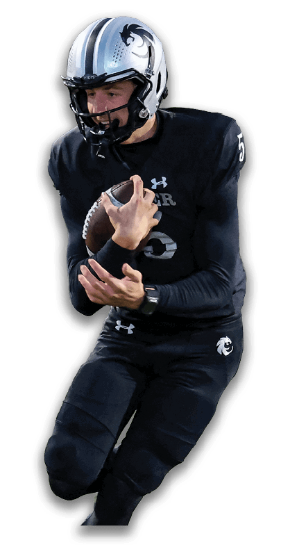A person wearing a dark athletic outfit with a white logo on the pants is standing against a white background. Description generated by AI