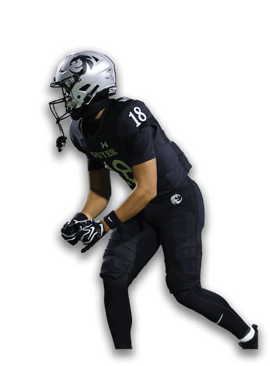 A person wearing a black football uniform and silver helmet is in a ready stance on a white background. Description generated by AI