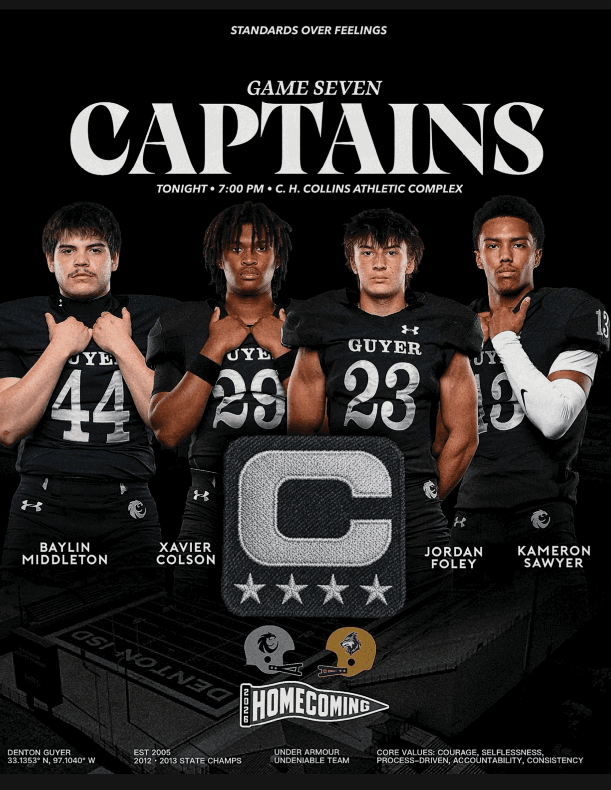 Four people in black football uniforms stand side by side with serious expressions under the heading “Game Seven Captains" for a homecoming event at the C.H. Collins Athletic Complex. Description generated by AI