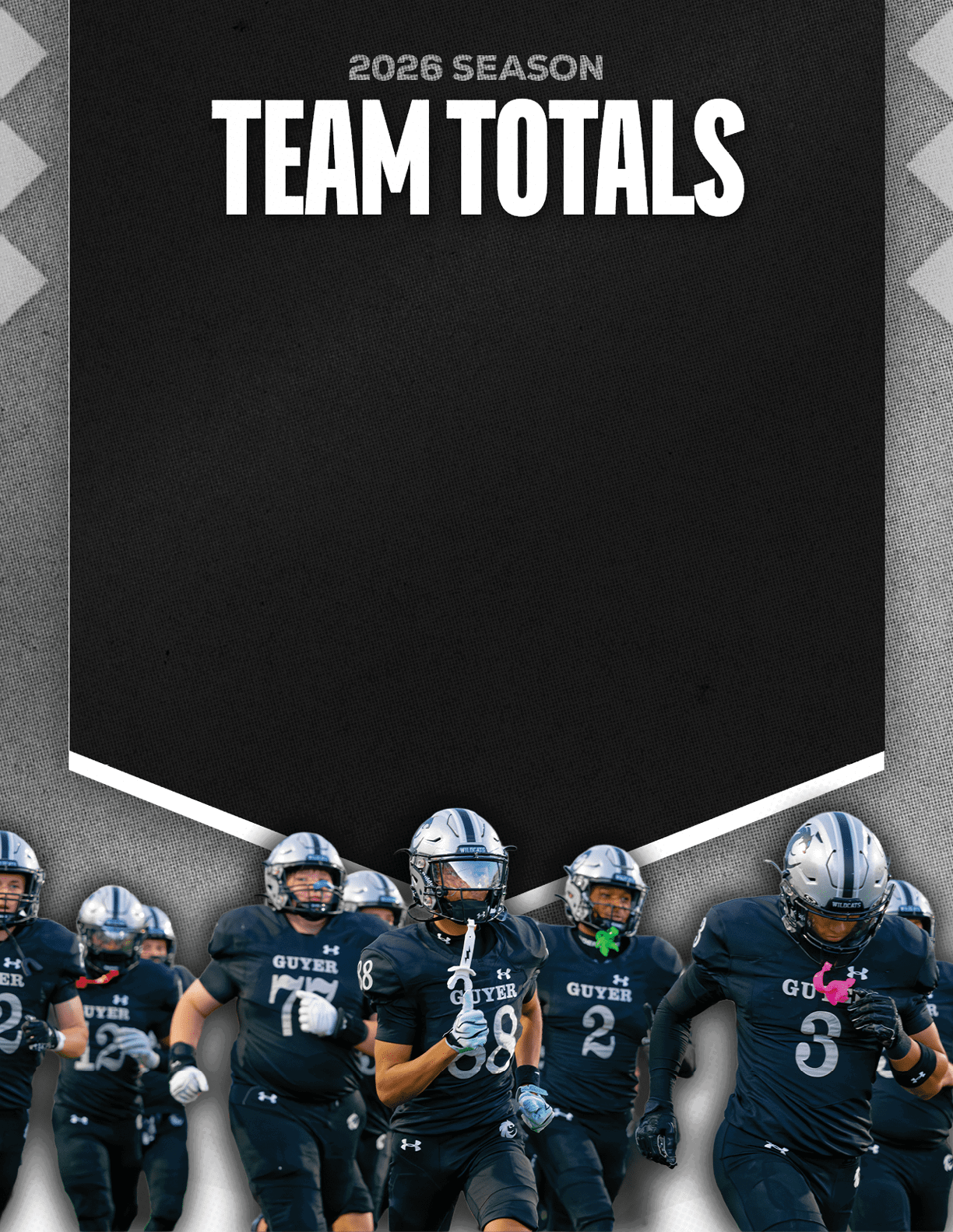 A group of people in black football uniforms with helmets stand together beneath a black banner that reads 2026 season team totals. Description generated by AI