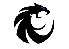 A stylized black panther head with a blue eye is integrated into a circular, swirling design. Description generated by AI