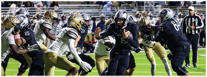 People in football uniforms are actively engaged in a play on a brightly lit field with a crowd in the background. Description generated by AI