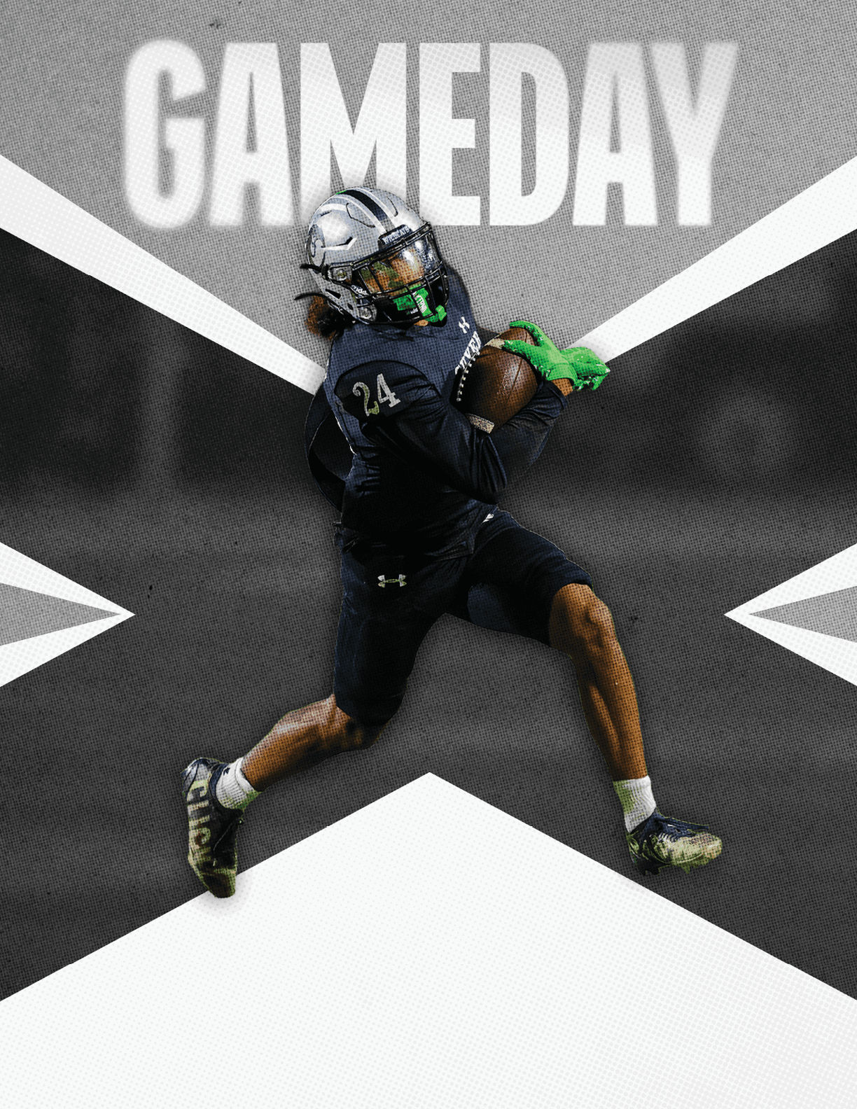 A person in black athletic gear and a silver helmet is running while holding a football against a dark background with the word GAMEDAY in large white letters above. Description generated by AI