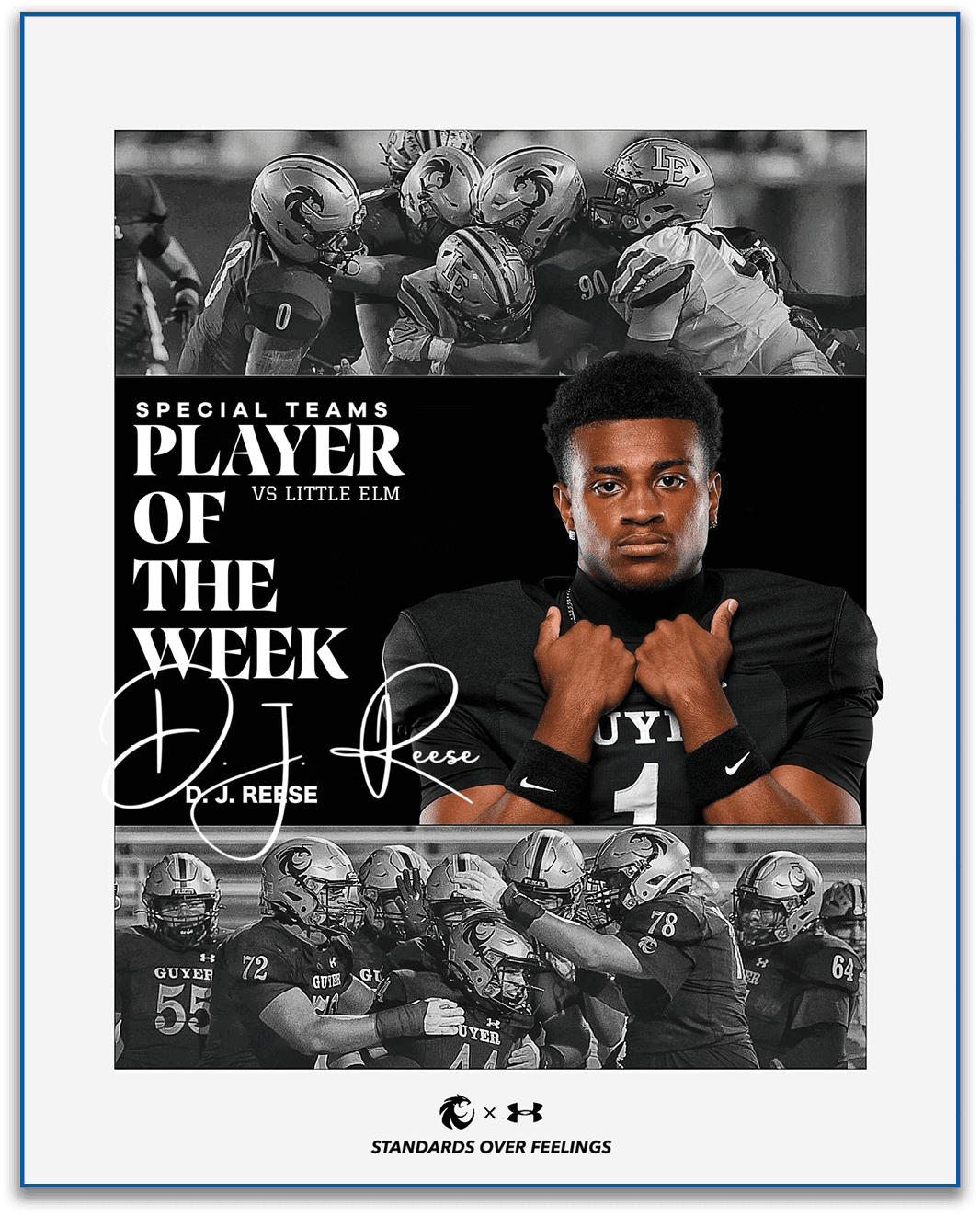 A person in a black football uniform with the number one poses confidently with crossed thumbs in front of a collage of football players in action and the text announcing them as the special teams player of the week against Little Elm. Description generated by AI