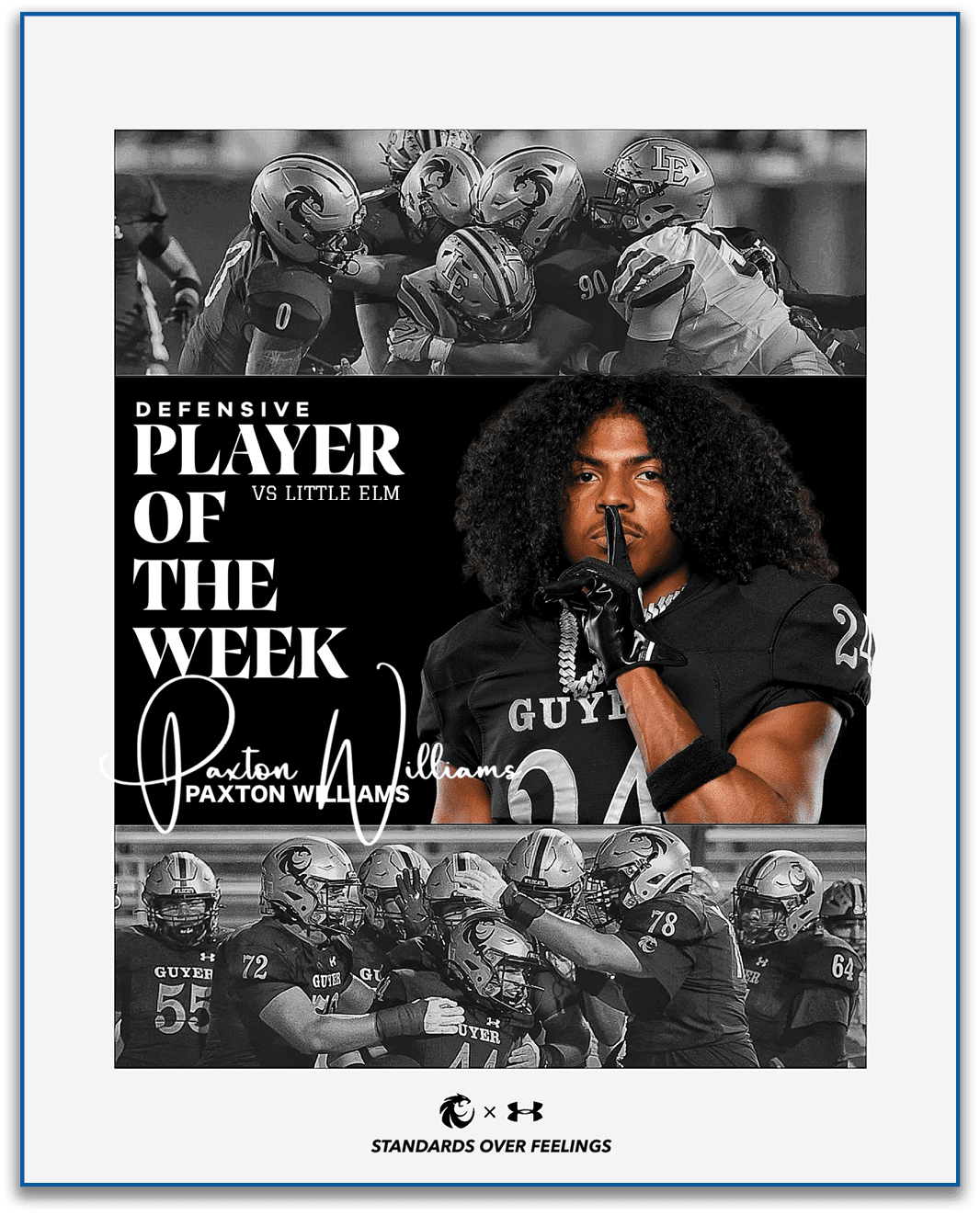 A person with long curly hair wearing a black football uniform with the number 24 and a glove is holding a finger to their lips in a shushing gesture, surrounded by black and white images of football players in action, with text announcing them as the defensive player of the week against Little Elm. Description generated by AI
