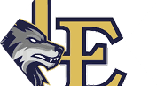 A stylized logo featuring a fierce wolf head facing left integrated with a large gold and navy blue letter E. Description generated by AI