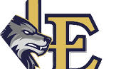 A stylized logo featuring a fierce wolf head facing left integrated with a large gold and navy blue letter E. Description generated by AI