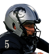 A person in black sports gear is running with a football while another person in white and gold sports gear attempts to tackle them on a football field. Description generated by AI