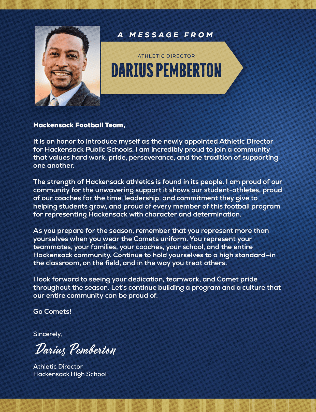 A letter from a football coach. Description generated by AI