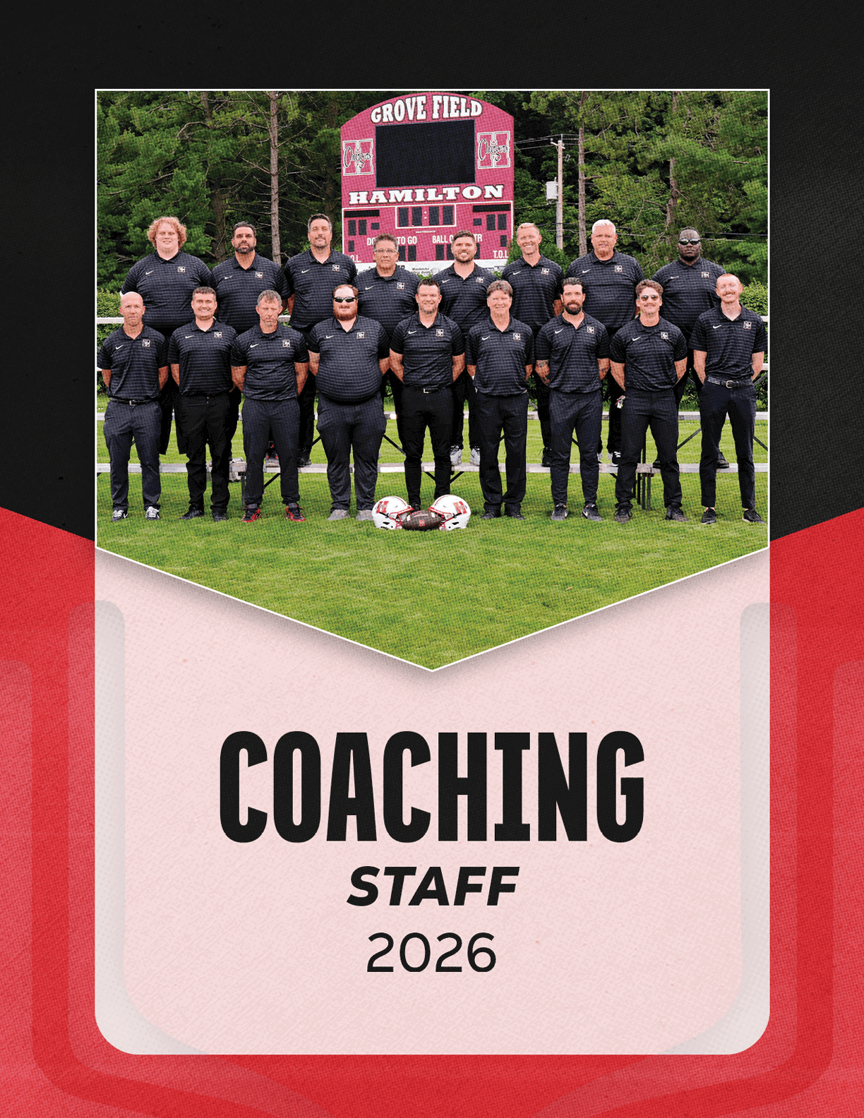 A group of people dressed in black sportswear pose on a grassy field in front of a scoreboard with the text “Grove Field Hamilton" above the words "Coaching Staff 2026" on a stylized background. Description generated by AI