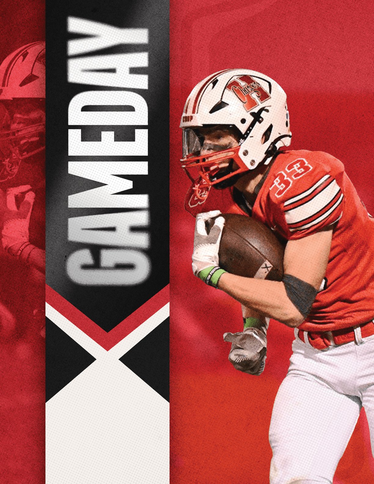 A person in a red and white football uniform is running while holding a football with a vertical banner next to them that reads GAMEDAY. Description generated by AI