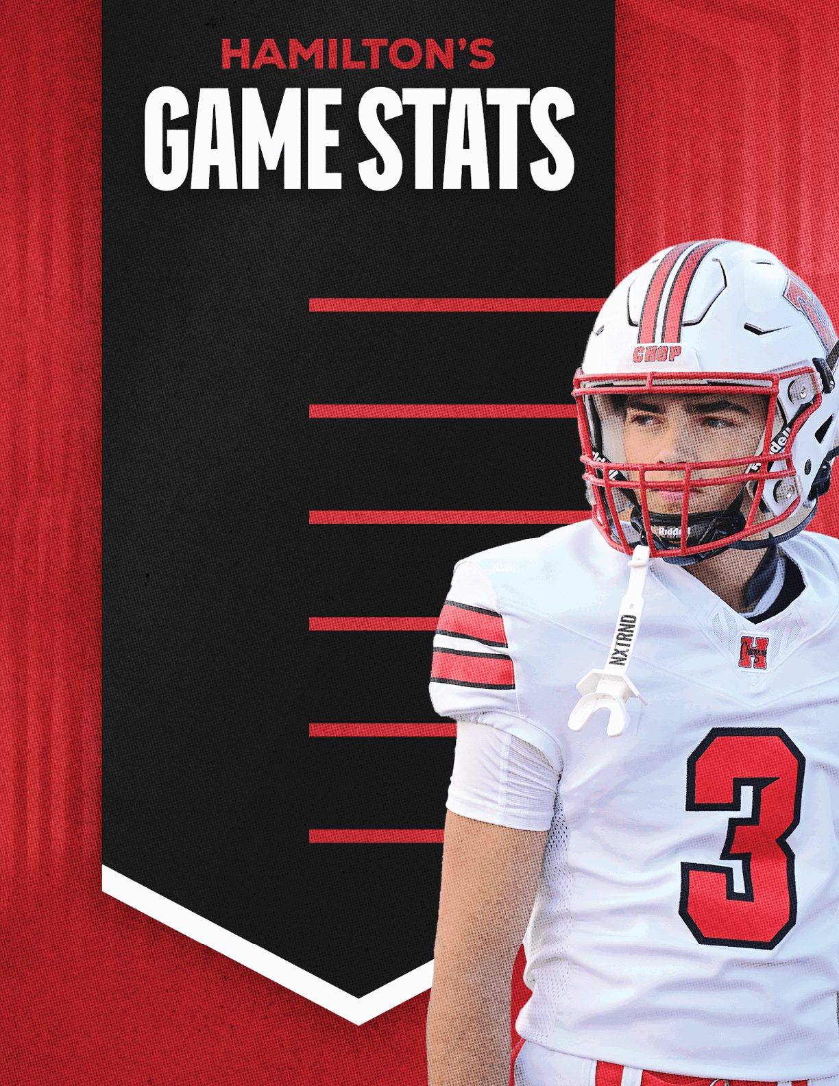 A person in a white and red football uniform with the number three stands next to a black and red graphic titled Hamilton's Game Stats. Description generated by AI