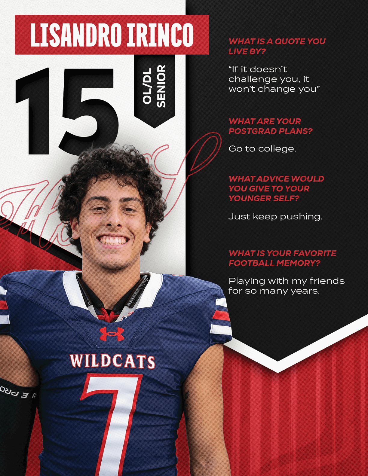 A football player wearing a blue and red jersey with the number 15 on the back. Description generated by AI