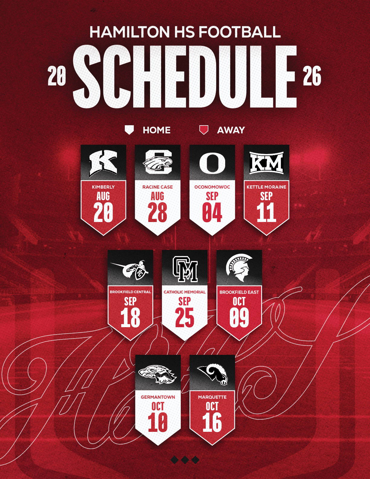 Hamilton High School football schedule for 2026 displayed on a red background with dates and opponent logos for home and away games. Description generated by AI