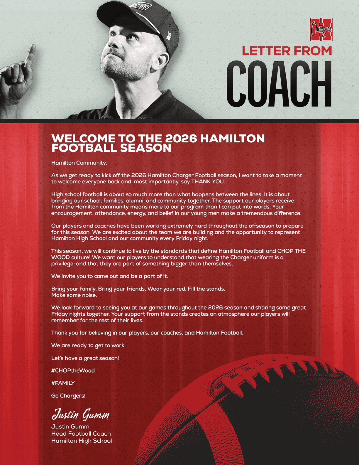 An adult wearing a cap points upward with a serious expression next to a red and gray graphic welcoming viewers to the 2026 Hamilton football season with a letter from the coach. Description generated by AI