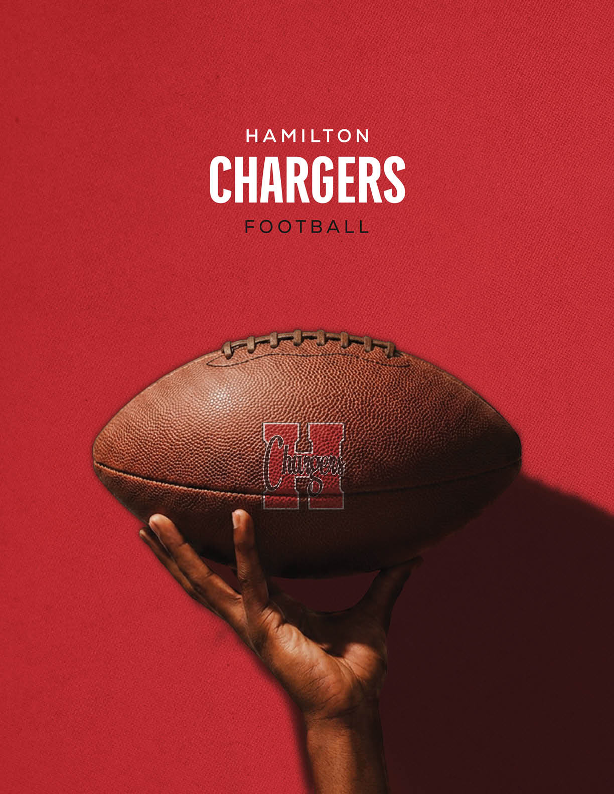 A hand is holding a football with a red and white “H" logo against a red background with the text "Hamilton Chargers Football" above. Description generated by AI