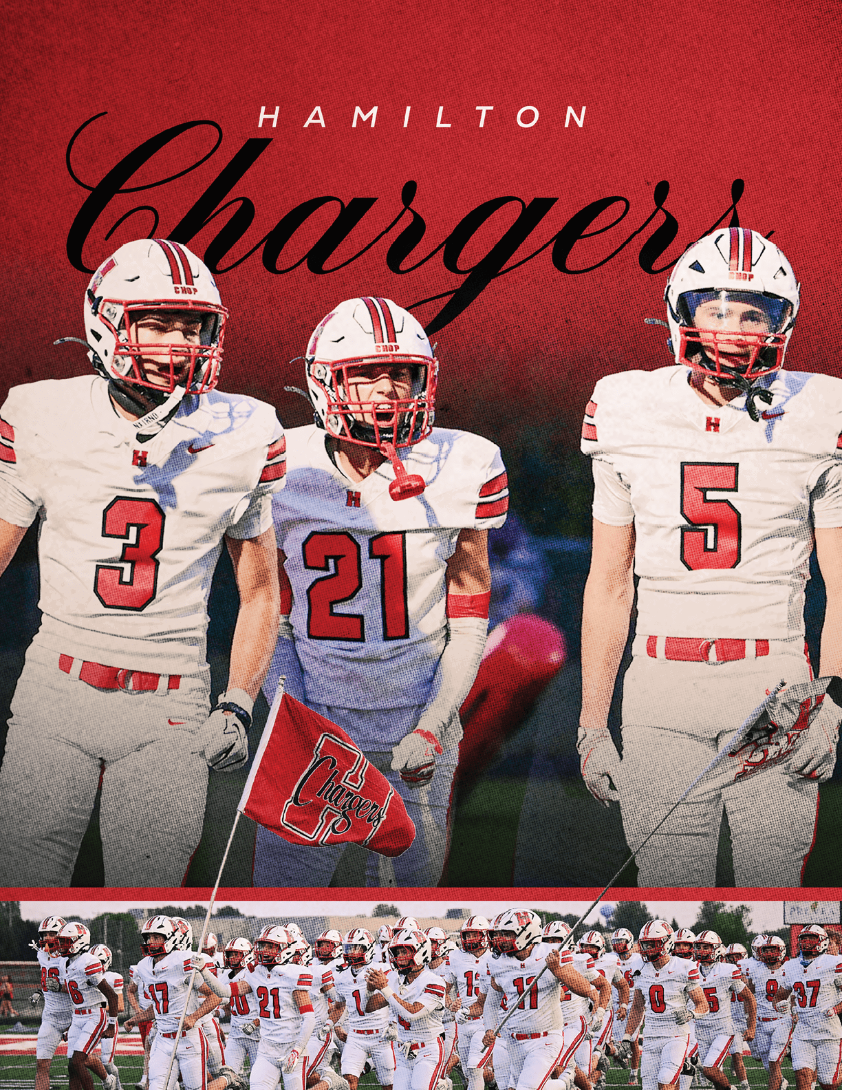 Three people in white football uniforms with red numbers stand in front of a crowd of similarly dressed players with the text “Hamilton Chargers" above them. Description generated by AI