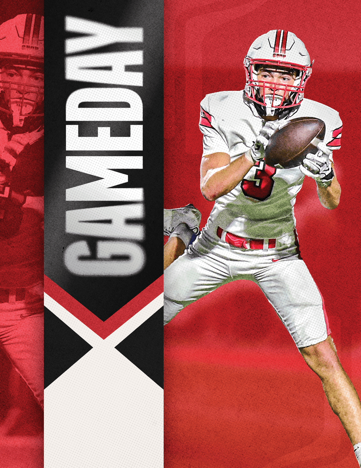 A person in a white football uniform with red accents is catching a football against a red background with the word GAMEDAY in bold white letters on a black vertical banner. Description generated by AI