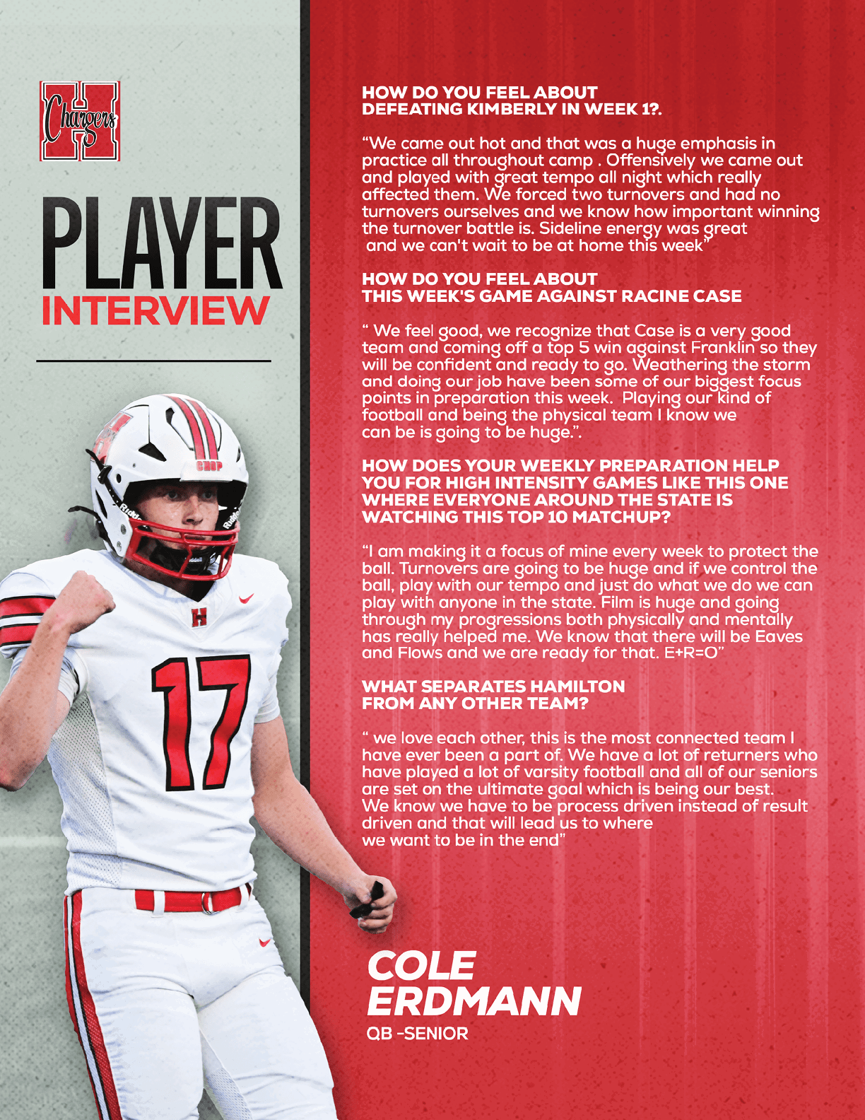 A person wearing a white football uniform with the number 17 and a red helmet is shown from the back next to a red and white text interview about their thoughts on football preparation and team dynamics. Description generated by AI