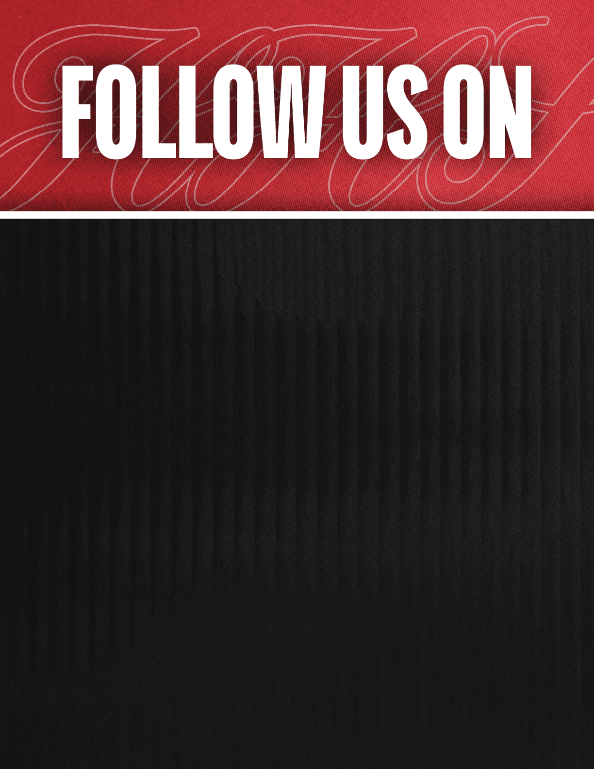 A black and red sign that says Follow Us On. Description generated by AI
