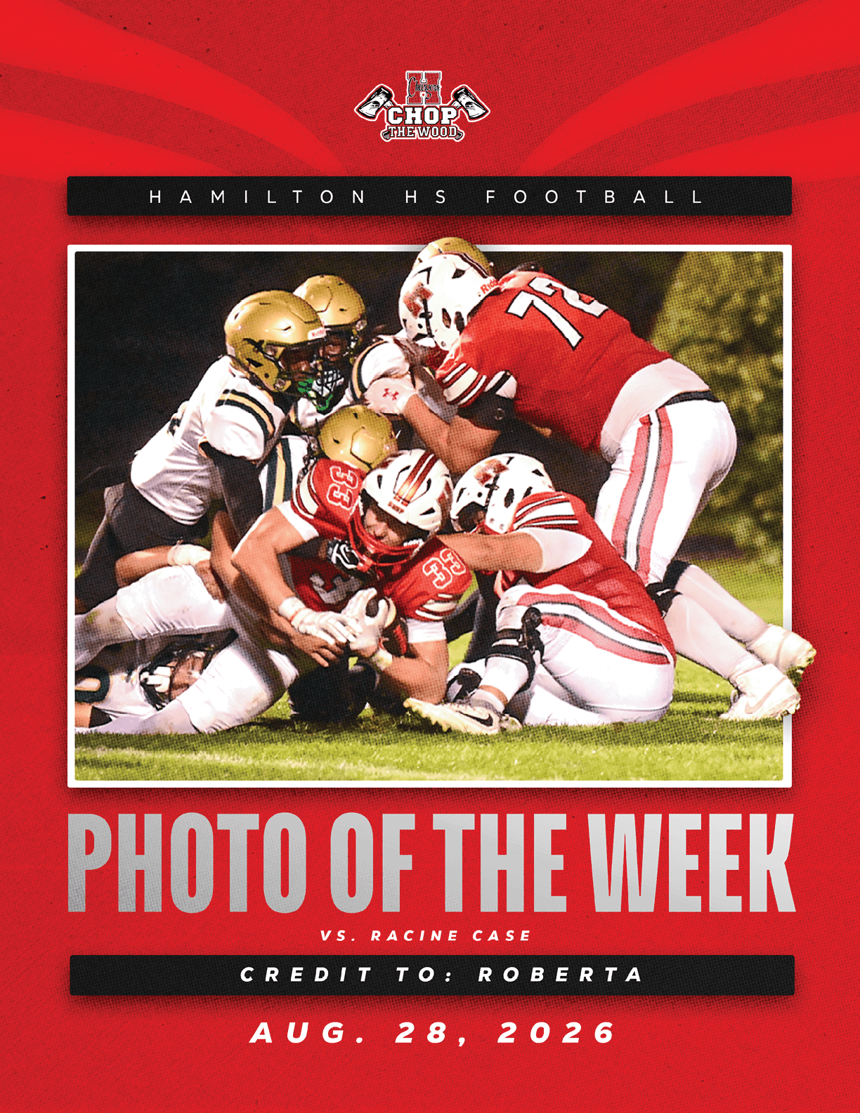 A group of football players in red and white uniforms are tackling a player in white and gold uniforms on a grassy field during a game. Description generated by AI