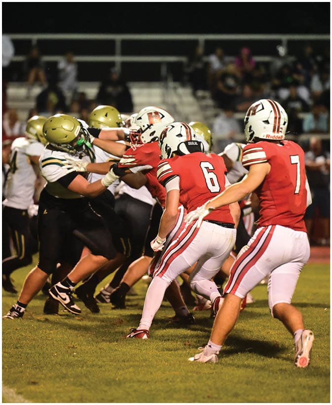 People in football uniforms are engaged in a play on a grassy field under stadium lights with a referee and spectators in the background. Description generated by AI