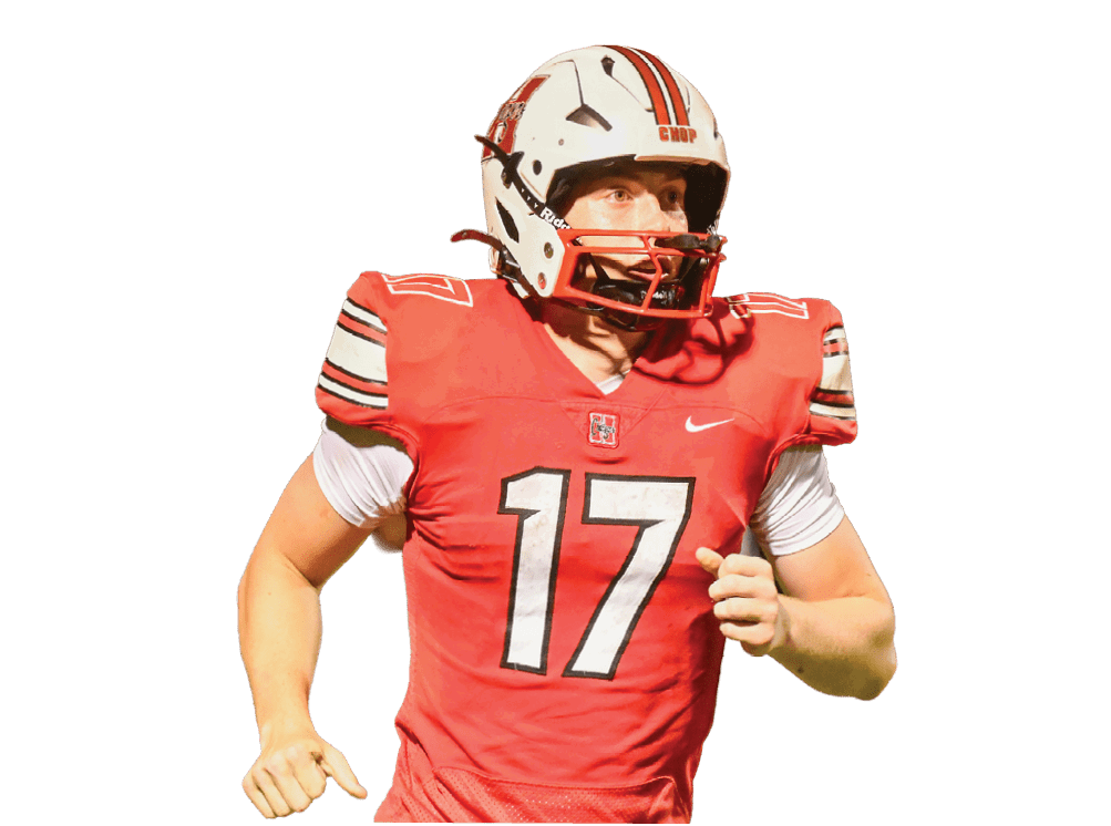 A person wearing a red football uniform with the number 17 and a white helmet is running. Description generated by AI