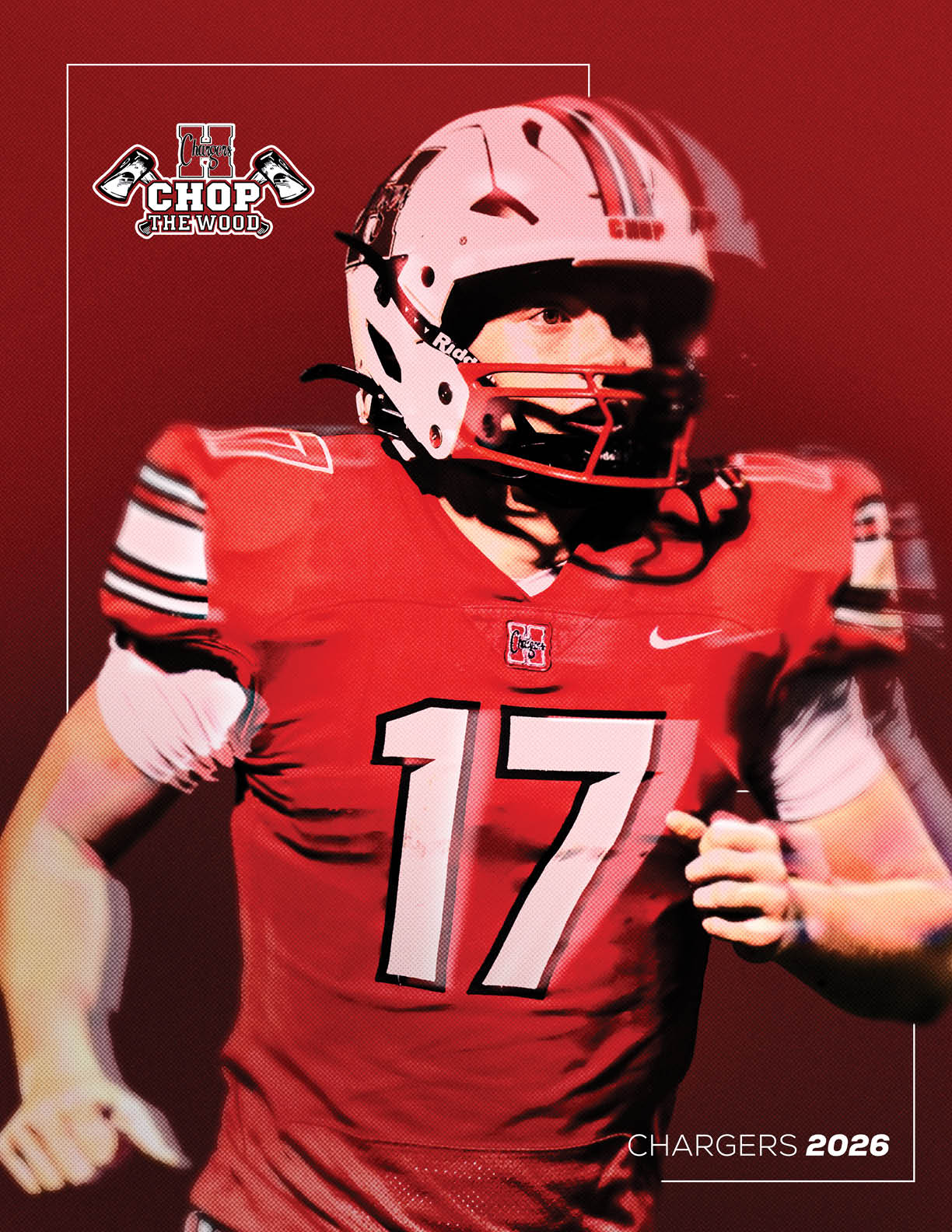 A person wearing a red football uniform with the number 17 and a white helmet is running, with a blurred duplicate effect and the text “CHOP THE WOOD" and "CHARGERS 2026" on a red background. Description generated by AI