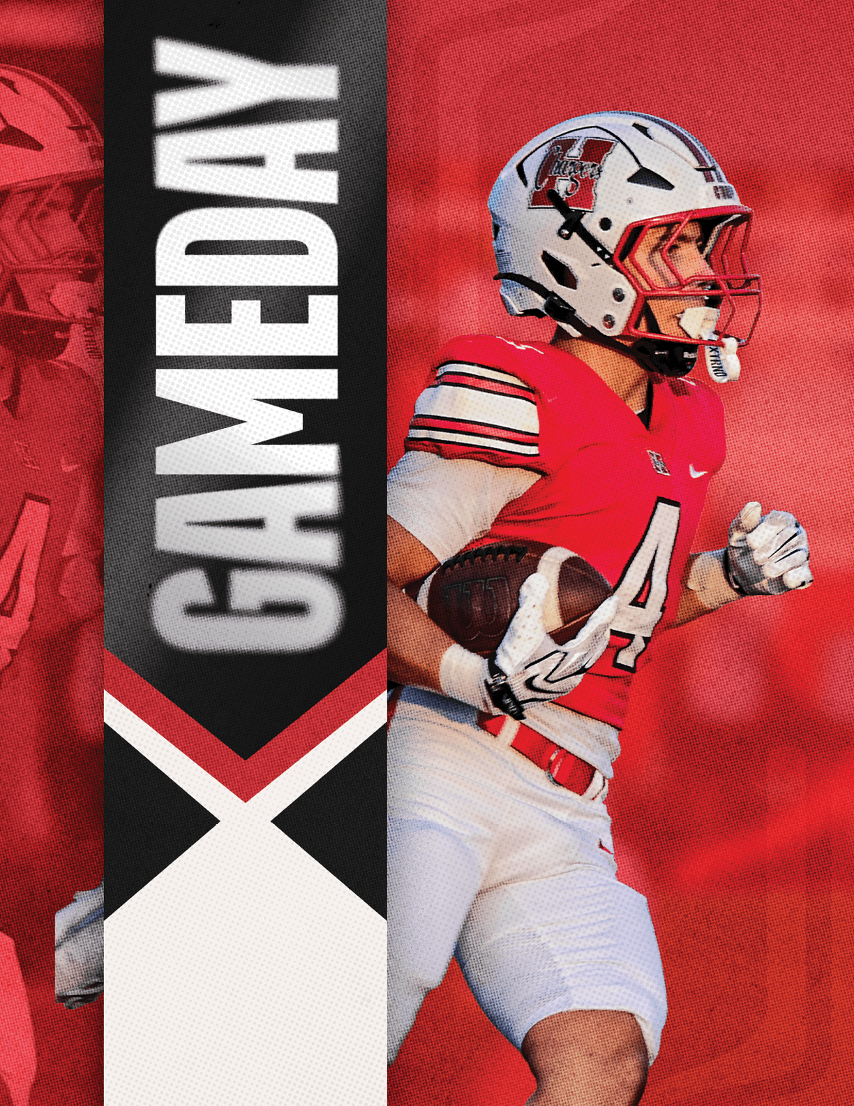 A person wearing a red and white football uniform with the number 4 is holding a football and running, with a vertical banner next to them that says “GAMEDAY." Description generated by AI